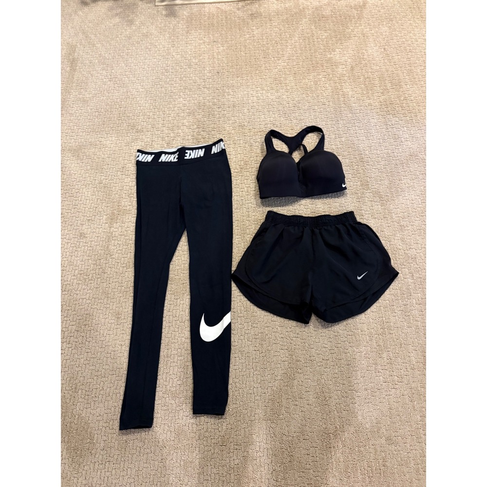 Nike Womens 3 Piece Activewear Set Black White Sports Bra Shorts Leggings Bundle
